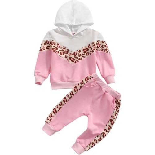 0-5Y Active Kids Baby Girl Color Block Tracksuits Leopard Print Autumn 2Pcs Long Sleeve Hoodies+Joggers Trousers Girl Outfits
