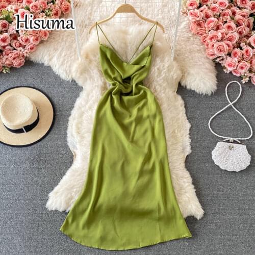 2021 summer new womens chic strap V-neck backless satin sheath dresses female sling retro lace-up waist chiffon fishtail dress
