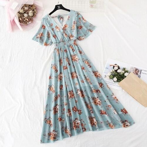 2020 Summer Floral Dress Women Korean Vintage Short Sleeve Chiffon Dresses Women Vestidos Fashion Elegant Ladies Dresses D3530