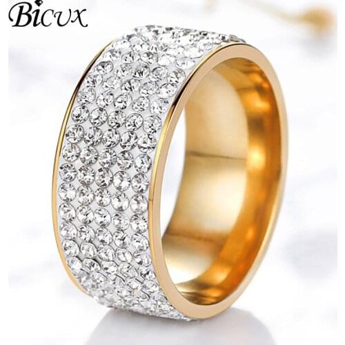 BICUX Fashion Titanium Stainless Steel 5 Row Lines Crystal Gold Zircon Ring for Women Men Female Teen Jewelry Wedding Rings Gift