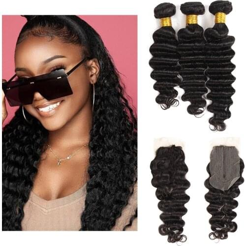 Invisible Lace Closure 4*2 Deep wave Brazilian Hair Bundles 1/3/4 Bundle Deals 100% Human Hair For Woman Remy Hair Extension