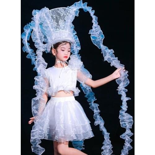 Kids Fashion Festival Catwalk Show Lace White Costumes Girls Jazz Dancewear ChildrenS Day Festival Hip Hop Street Dance Dresses