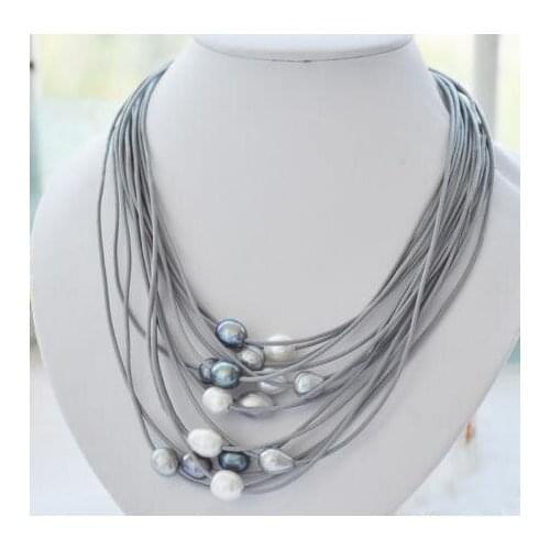 Elegant Handmade Real Pearl Jewelry 15 Rows 13mm White Black Rice Freshwater Pearl Gray Leather Necklace 20'' Magnet Clasp
