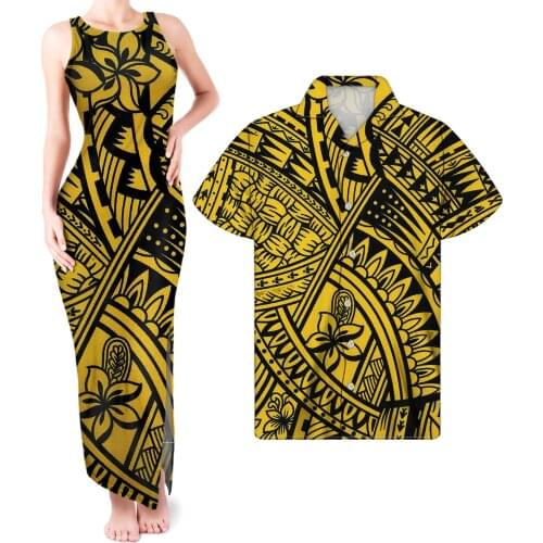 HYCOOL Wholesale Polynesian Tribal Stripe Print Plus Size Couple Clothing Sexy Sleeveless Yellow Bodycon Maxi Dress Match Shirts