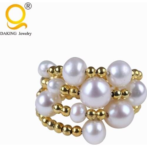 Perfect near round freshwater pearl ring silver and golden adjustable pearl brass ring jewelry
