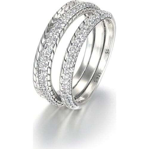 Authentic S925 Sterling Silver Ring For Women Triple Band Pave Snake Chain Ring for Wedding Party Gift fit Lady Fine Jewelry