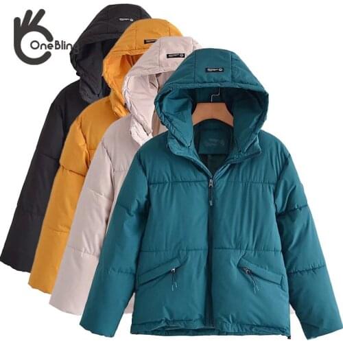 OneBling 2021 Za Woman Casual Traf Parkas Winter Hooded Zipper Cotton Padded Jackets Drawcord Hem Female Loose Coats Outerwear