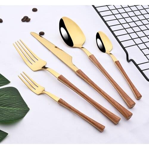 Wooden Handle Western Flatware 5/10/20Pcs Stainless Steel Gold Cutlery Set Knife Cake Fork Teaspoon Tableware Set Dinnerware Set