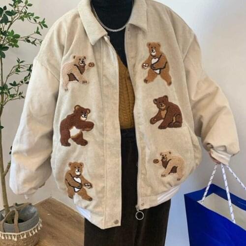2021 Autumn New Bomber Jacket Women Harajuku Streetwear Clothing Bear Embroidered Corduroy College Vintage Baseball Coat Outwear
