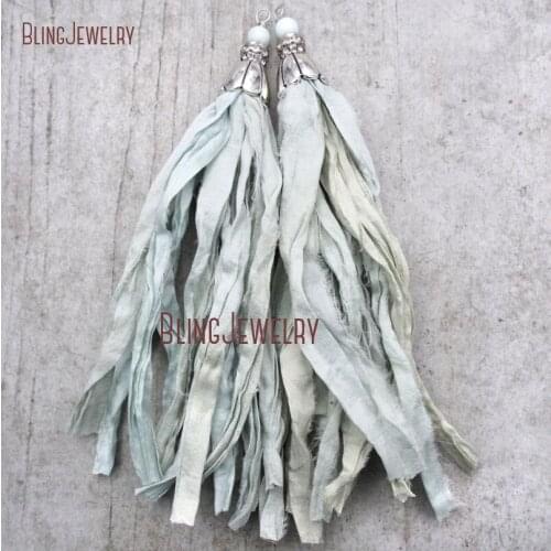 Pastel Turquoises Sari Silk Tassel Pendant Antique Silver Cap PM9151