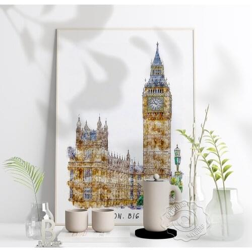Watercolor City London Big Ben Poster, London Beautiful Scenery Art Print, Big Ben World Travel Wall Stickers Home Decor Gift