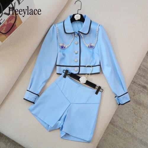 Luxury Quality Diamond deco Satin 2 piece set Women Fall New Peter pan collar Buttons Short Jacket Coat + HIgh Waist Shorts Suit