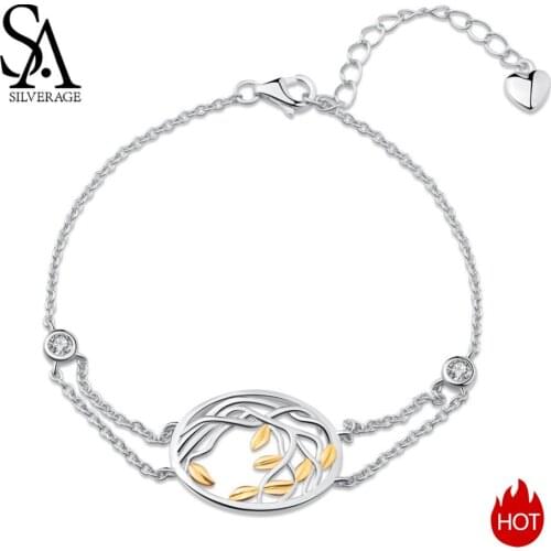 SA SILVERAGE 925 Silver Chain Link Bracelets Female 925 Sterling Silver Bracelets Bangles for Women Yellow Gold Color Life Tree