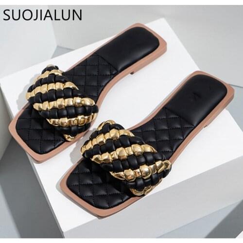 SUOJIALUN Women Brand Slippers Fashion Weave Summer Slides Open Toe Flat Casual Shoes Female Beach Outdoor Flip Flop Big Size 42