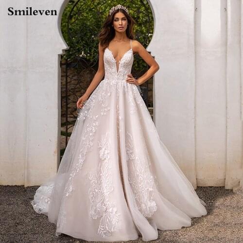 Smileven Luxurious Lace Wedding Dress A Line Boho Bridal Dresses V Neck arabic Vestido De Noiva Wedding Gowns For Girl Custom