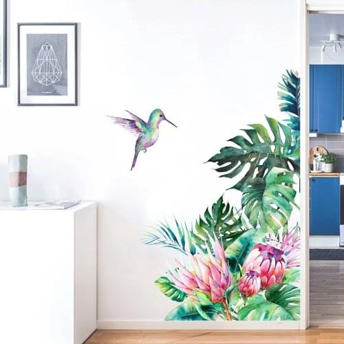 Green Plant Hummingbird Wall Sticker DIY Beach Tropical Palm Leaves Wall Stickers Modern Art Vinyl Decal Wall Mural Home Decor