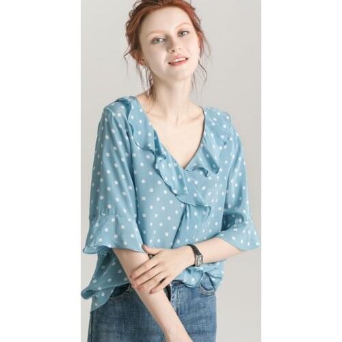 Women Summer Silk Blouse V neck Short Sleeve office wear casual elegant natural silk blouses real silk work wear dots print tops