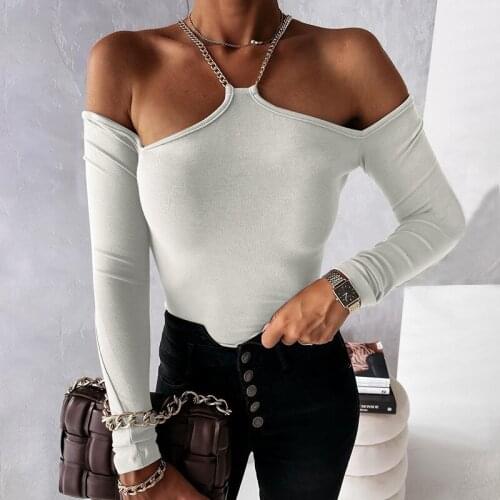 Long Sleeve Off Shoulder Tshirt Tops Chain Hollow Out Sexy Womens Tops Autumn Winter Fashion T-shirt Casual Missnight