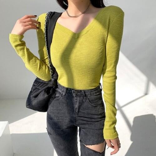 New Screw Thread Cotton Autumn Winter Women Base Shirt Female Fashion V-neck Long Sleeve Slim T-shirt Ladies Casual Elastic Tops