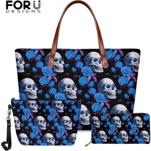 FORUDESIGNS Blue Skull Floral Print Womens Shoulder Bag Luxury Designer Handbag Large Capacity Tote Bag Pu Purse 3Set Sac Femme