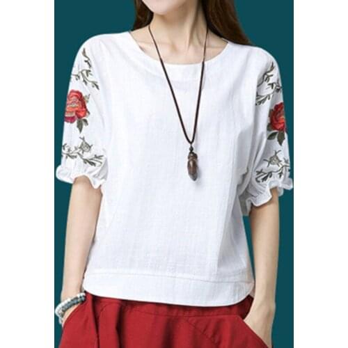 2021 Women Fashion Short Sleeve Round Neck Floral Embroidery Loose T Shirt Casuam Summer Tops Camiseta Mujer