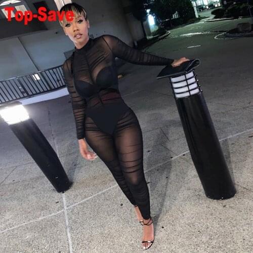 Jumpsuit Women Summer 2020 New Sexy Mesh See-through Slim Long Sleeve Pleated Clothing Plus Size Black Elegant Party Overalls