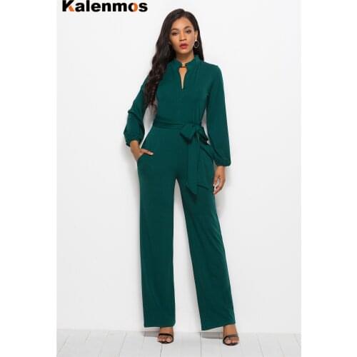 Kalenmos Autumn Wide Leg Pants Rompers Women Jumpsuit Lace-Up Waistband Solid Romper Office Ladies Casual Loose Pants Jumpsuits