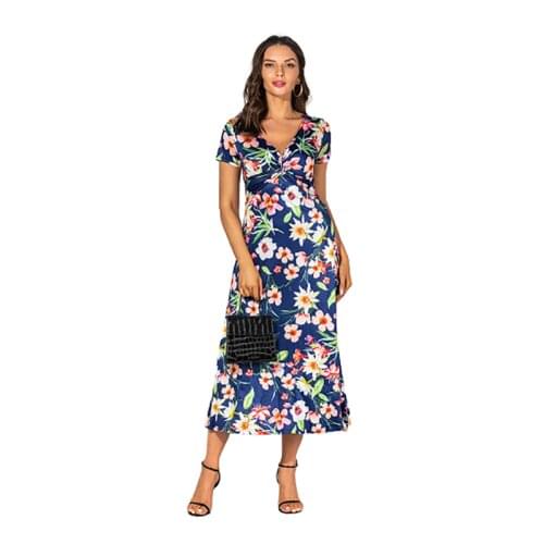 Big Swing Floral Print Long Dress Women Short Sleeve V-Neck High Waist Summer Boho Maxi Dresses Lady Elegant Slim Casual Dress