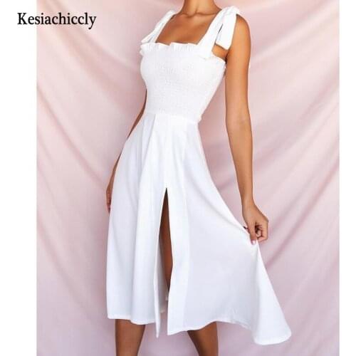Kesiachiccly 2021 Women High Split Sexy Dress Summer Backless Lace Up Party Dress Pleated Spaghetti Strap Night Club Dresses