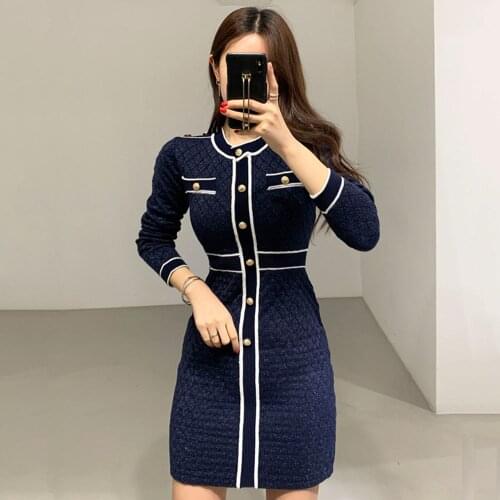 Splice Single-breasted Long Sleeve Sweater Dress Round Collar 2021 New Runway Spring Small Fragrance Knitting Dress Women