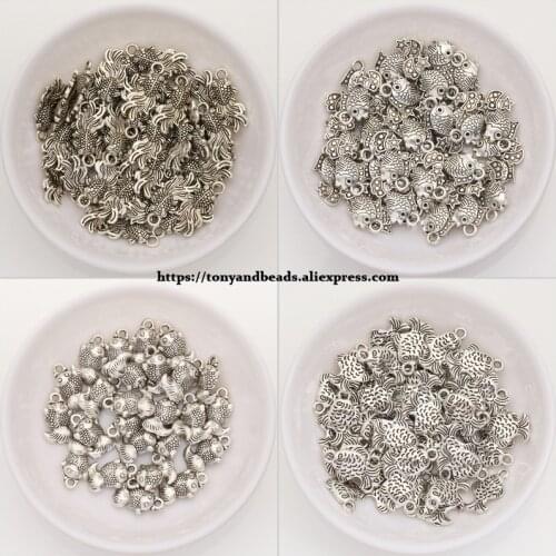 50Pcs/Lot) Zinc Alloy Tibetan Silver European Charm Fish-Shape Pendant 4 Style For Jewelry Making DIY