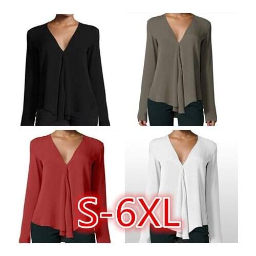 S-6XL Women tshirt Deep V-neck Foldable Long Sleeve Loose Chiffon Shirt Plain Casual Elegant Office Lady Female Tops