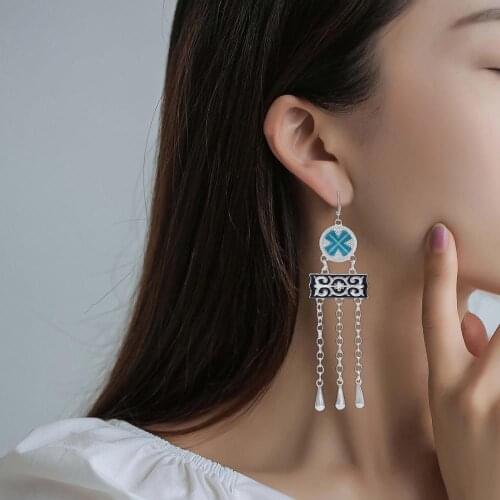 Bohemian Vintage Red And Blue Pendant Earrings For Women Silver Multi-Layer Tassel Long Earrings Party Jewelry Gift Accessories