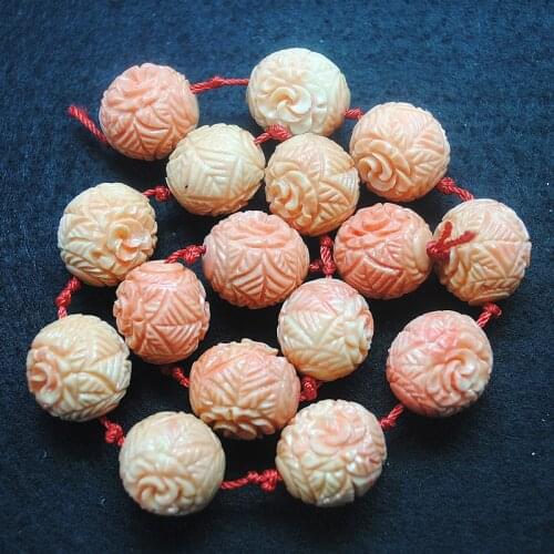 16pcs pink carving flower beads round shape size 18mm with cord matching for women necklace making accessories loose beads selli