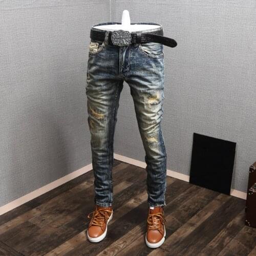 Newly Streetwear Fashion Men Jeans Distressed Slim Fit Destroyed Ripped Jeans Men Patchwork Vintage Designer Retro Denim Pants