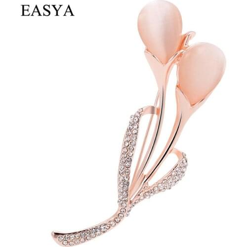 EASYA Elegant Opal Tulip Brooch Pins For Women Girls Fashion Clothes Accessories Jewelry Crystal Flower Badge Rhinestone Brooch