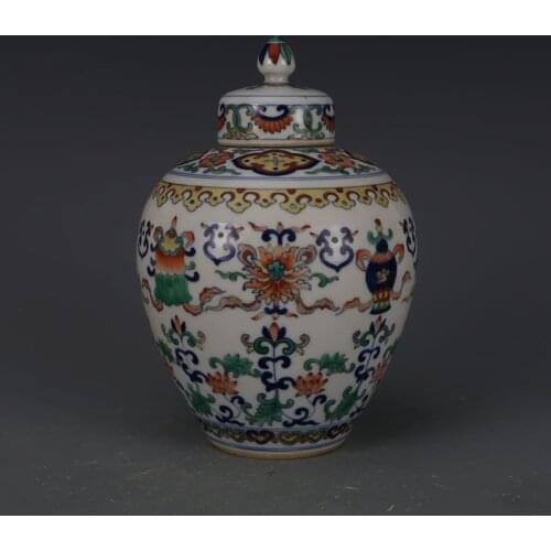 Antique QingDynasty porcelain pot,color eight treasure cover jar,hand-painted crafts, home Decoration,collection & adornment