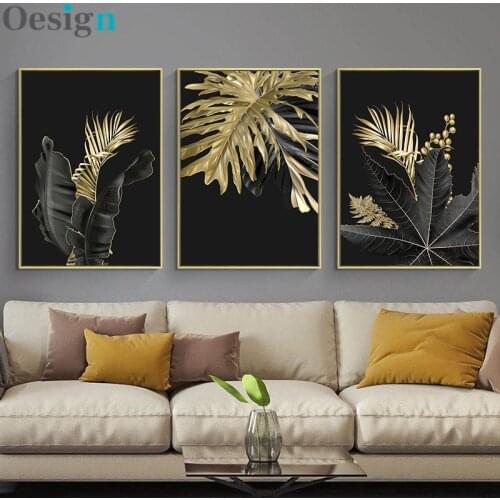 Hoja de planta dorada, lienzo abstracto, pintura de arte, cartel nórdico, impresión en blanco y negro, cuadro de pared minimalis