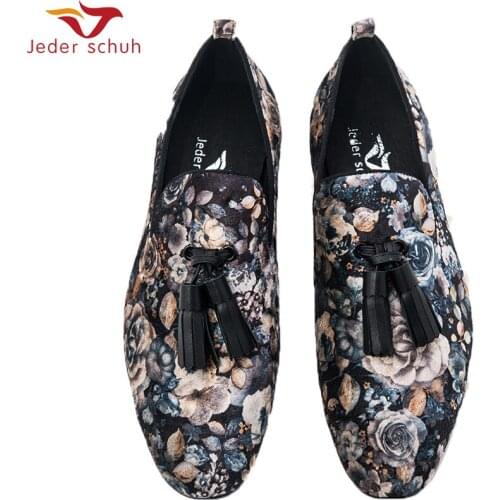 Jeder Schuh Men Shoes Casual Life Printed Cloth Tassel Design Men Handmade Loafers Men Flats Smoking Slippers
