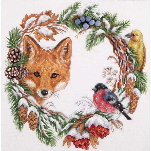 Gold Collection Counted Cross Stitch Kit Winter Wreath Fox Robins Fruit Flower Wreath