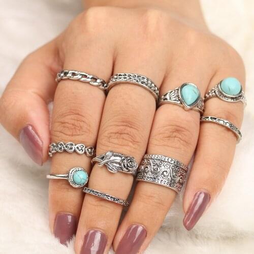 10Pcs/Set Vintage Punk Midi Rings Set Antique Gold Silver Color Boho Flower Charms Knuckle Ring For Women Fashion Party Jewelry