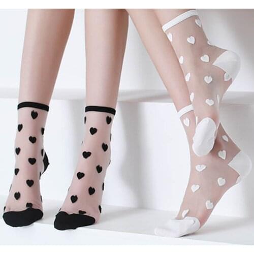Crystal Lace Socks Women Summer Ultra-thin Color Love Transparent Short Socks Black White Love Heart Sox