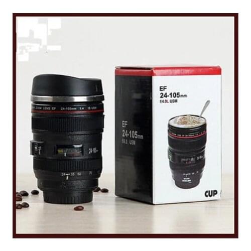 New Hot Creativity 24-105MM Lens THERMOS Camera Travel Coffee Tea Cup Mug Lens Creative Cup Stainless Steel Brushed Liner Black