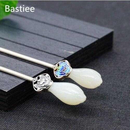 Bastiee Magnolia Flower 925 Sterling Silver Hair Stick Jade Luxury Chinese Wedding Jewelry Vintage Hairpins Women Jewellery
