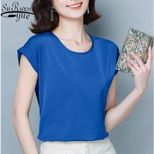 Silk Simple Solid Color Blouse Woman Loose Short-Sleeved O-neck Womans Shirt Imitation Silk shirt Feminine OL Style 9227 50