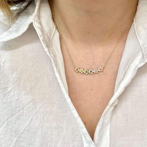 2021 Spring New Design Fashion Jewelry Gold Silver Color Prong Set Sea Pearl Beads Curved Bar Colorful Flower Women Necklace