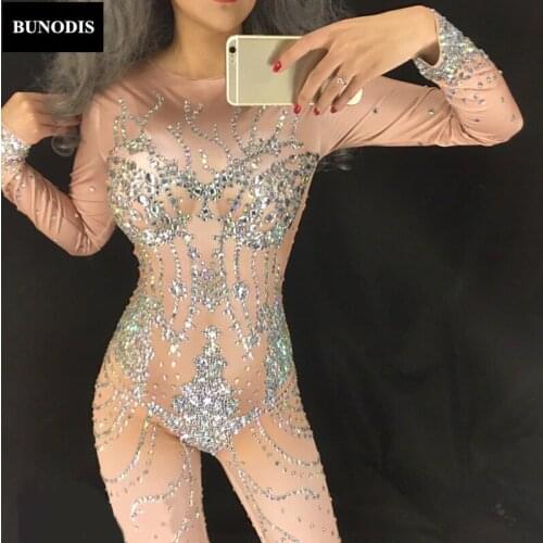 ZD052 White Sparkling Crystals Stones Women Jumpsuit Sexy Bodysuit Nightclub Party Singer Performance Stage Wear Costume Zentai