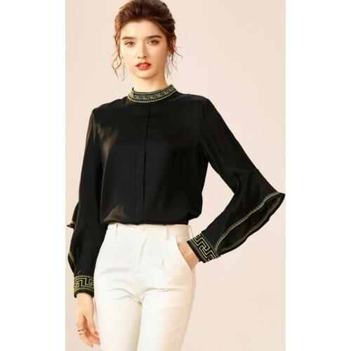 Women Casual Long Sleeve Stand Neck Loose Shirts Elegant Women Ruffles Tops Fashion Embroidery Spring Autumn Blouses Shirt V