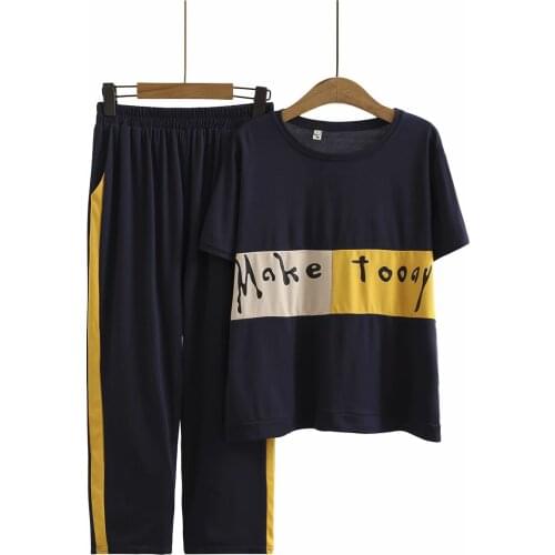 Plus size short sleeve print tshirts and pants women sets 2021 new summer casual Navy green ladies 2 pieces women sets female