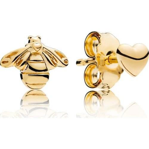 925 Sterling Silver Pan Earring Golden Bee And Heart Studs Earrings For Women Wedding Party Gift Fashion Jewelry
